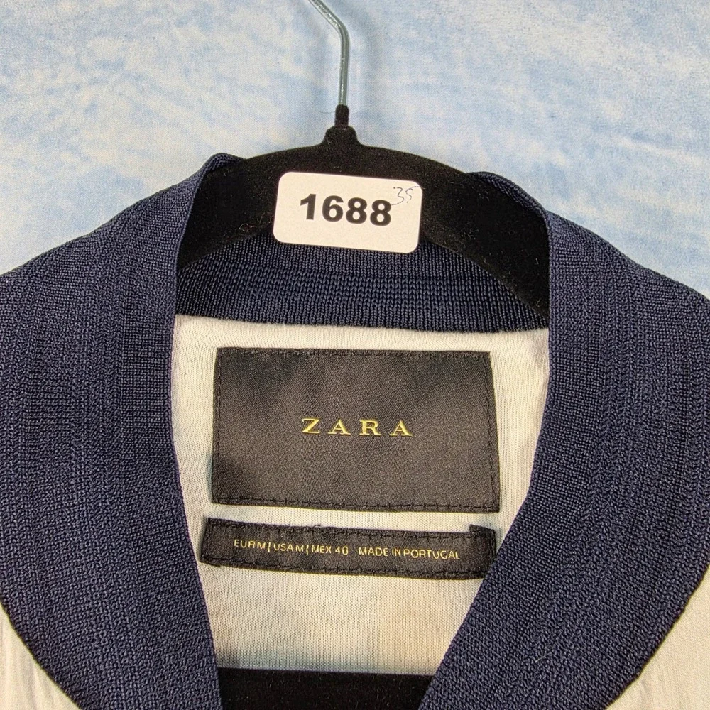 Zara Mens Vertical Stripe Bomber Jacket Navy Blue Magenta Yellow Size M Zip Up